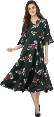 Rudraaksha Women Fit and Flare Dark Green Above Knee/Mid Thigh Length Dress
