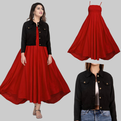 BuyUniqueFashion Women Fit and Flare Red Midi/Calf Length Dress
