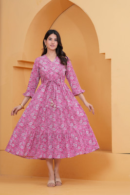 Shopaxis Women Gathered Pink Midi/Calf Length Dress