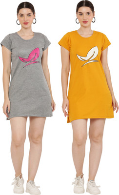 PREEGO Women T Shirt Yellow, Grey Above Knee/Mid Thigh Length Dress