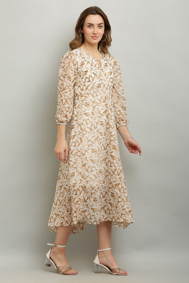 A R J FASHION Women Fit and Flare Beige, Brown Midi/Calf Length Dress
