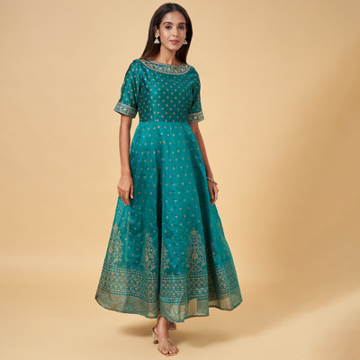 Rangmanch by Pantaloons Women Pleated Blue Midi/Calf Length Dress