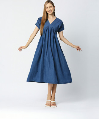 TCI Women Peplum Blue Midi/Calf Length Dress