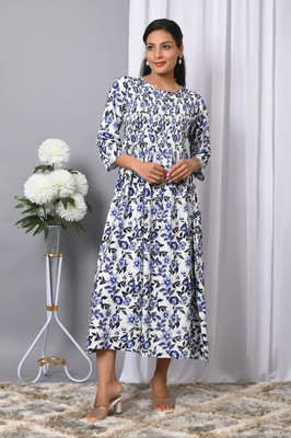 IQRAAR Women Fit and Flare Blue, White Midi/Calf Length Dress