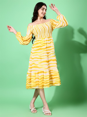 Attire Empire Women Fit and Flare Yellow Below Knee Dress