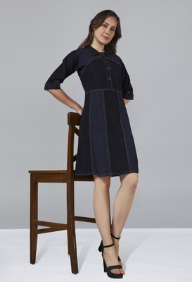 All Yours Women A-line Dark Blue, Black Knee Length Dress
