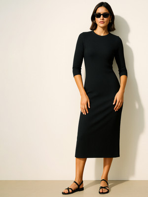 SASSAFRAS Women Bodycon Black Midi/Calf Length Dress
