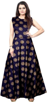 Hans Craft And Creation Women Fit and Flare Dark Blue, Gold Dress