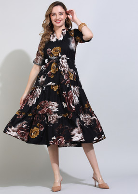 JustHer Women Fit and Flare Black, Gold Midi/Calf Length Dress