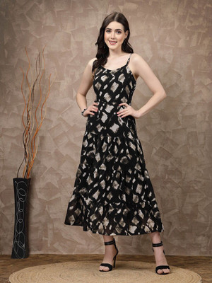PLUSS Women A-line Black, Beige, Grey Midi/Calf Length Dress