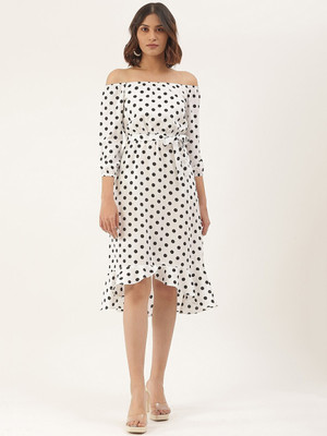 BRINNS Women Asymmetric White Knee Length Dress
