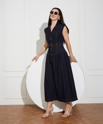 Miss Chase Women Drop Waist Blue Maxi/Full Length Dress