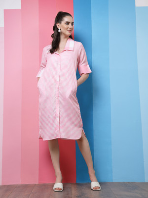 ATHENA Women Shirt Pink, White Knee Length Dress