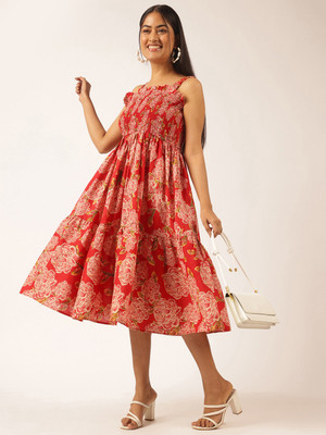 VBUYZ Women Fit and Flare Red Midi/Calf Length Dress