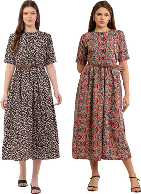 Mamnoon Women Fit and Flare Dark Green, Green Midi/Calf Length Dress