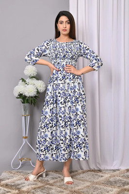 VYMO Women A-line Blue, White Maxi/Full Length Dress