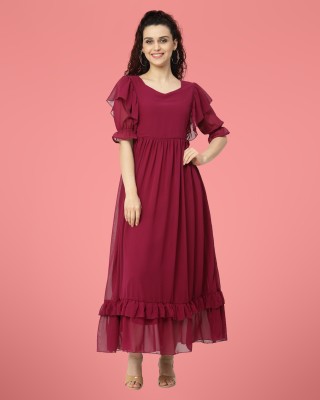 MISS AYSE Women Fit and Flare Maroon Dress