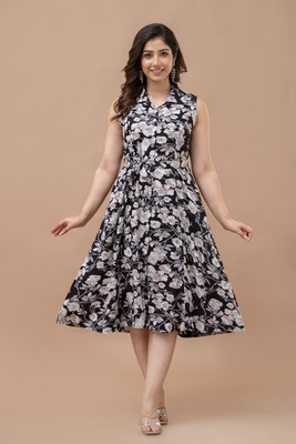 HouseOfCommon Women A-line Black, Grey Midi/Calf Length Dress