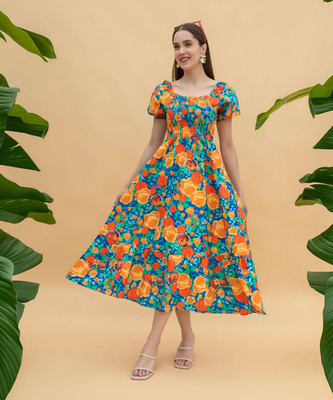 OTABU Women A-line Orange Midi/Calf Length Dress