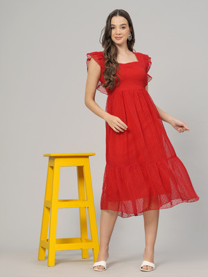JC4U Women Fit and Flare Red Midi/Calf Length Dress