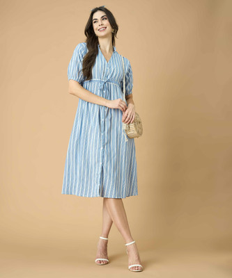 FashFun Women Fit and Flare Blue Midi/Calf Length Dress