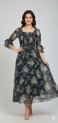 IKHATI Women Gown Blue Below Knee Dress
