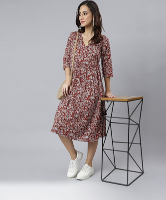 Janasya Women Wrap Maroon Midi/Calf Length Dress