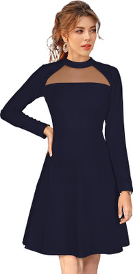 Dhruvil Impex Women Fit and Flare Dark Blue Above Knee/Mid Thigh Length Dress