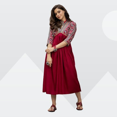 Syndrella Women Fit and Flare Red Midi/Calf Length Dress