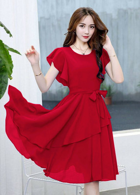 VM STUDIO Women Fit and Flare Red Midi/Calf Length Dress
