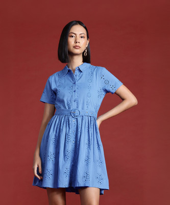 all about you Women A-line Blue Above Knee/Mid Thigh Length Dress