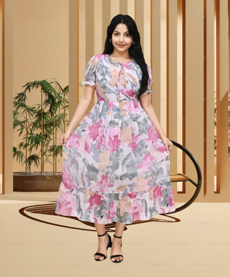 AmoreCreations Women Fit and Flare White, Pink Midi/Calf Length Dress