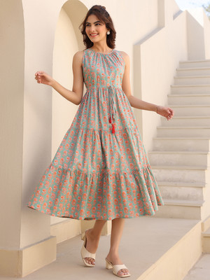 Janasya Women Tiered Green Midi/Calf Length Dress