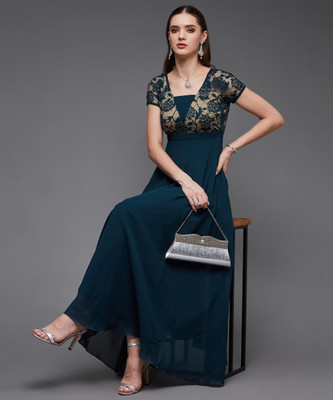 Miss Chase Women Fit and Flare Dark Blue, Beige Maxi/Full Length Dress