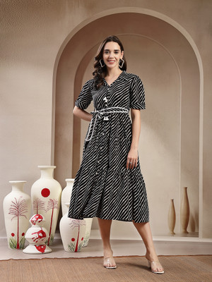 Stylum Women Tiered Black Midi/Calf Length Dress