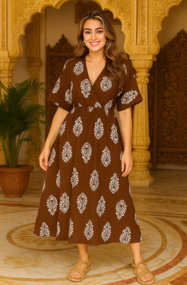 SRP Enterprises Women Fit and Flare Brown, White Midi/Calf Length Dress