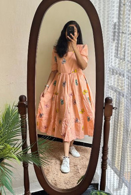 THE LADIES FASHION Women Gown Orange Midi/Calf Length Dress
