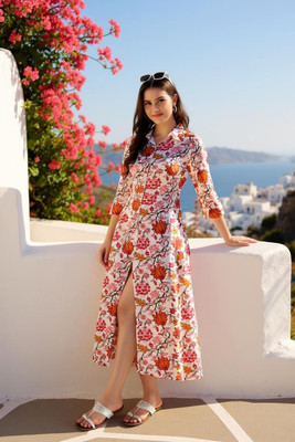 91 HIVE Women A-line Orange Midi/Calf Length Dress