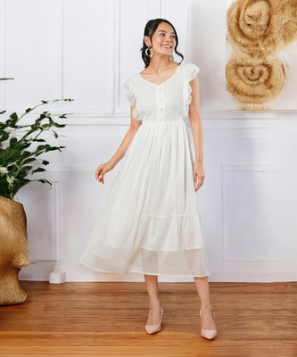 Cartyshop Women Fit and Flare White Below Knee Dress