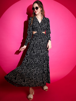Honky Tonky Women Fit and Flare Black, White Maxi/Full Length Dress