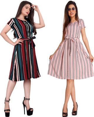 Rinra Women Fit and Flare Multicolor Knee Length Dress