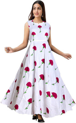 HouseOfCommon Women Fit and Flare White, Pink Maxi/Full Length Dress
