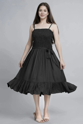 VYMO Women Fit and Flare Dark Blue Maxi/Full Length Dress