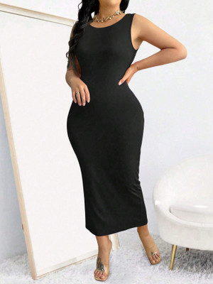 CILIMILI Women Bodycon Black Midi/Calf Length Dress