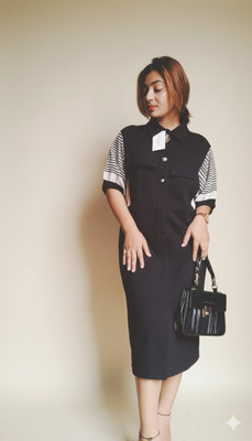 VivaLaVastaram Women A-line Black Below Knee Dress