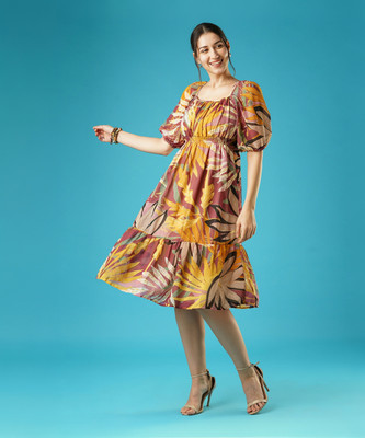 Globus Women Fit and Flare Multicolor Midi/Calf Length Dress