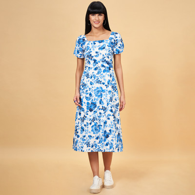 Honey By Pantaloons Women A-line Blue, White Midi/Calf Length Dress