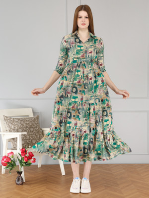 KAKA Women A-line Green Maxi/Full Length Dress