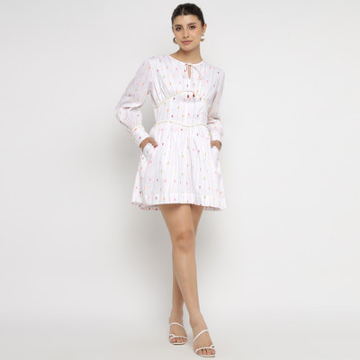 theulluu.com Women Fit and Flare White Knee Length Dress