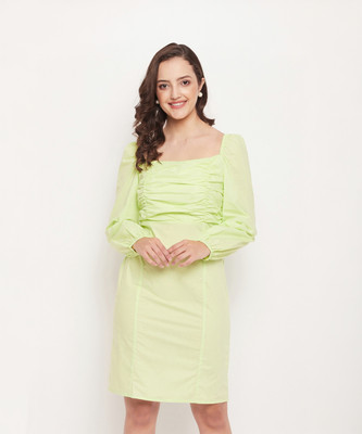 MADAME Women Fit and Flare Light Green Above Knee/Mid Thigh Length Dress